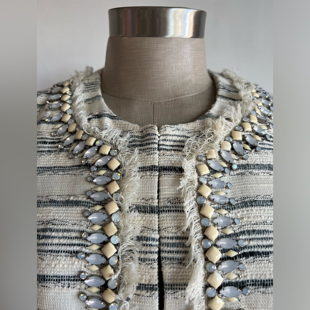 Tory Burch Cream Textured Jewel Embellished Nicole Boucle Jacket/Blazer